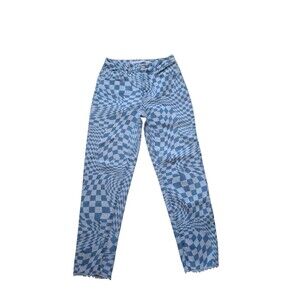 Jeans Blue & White Swirling Checkerboard Denim Pants Fringed Hem Tinseltown Sz 7